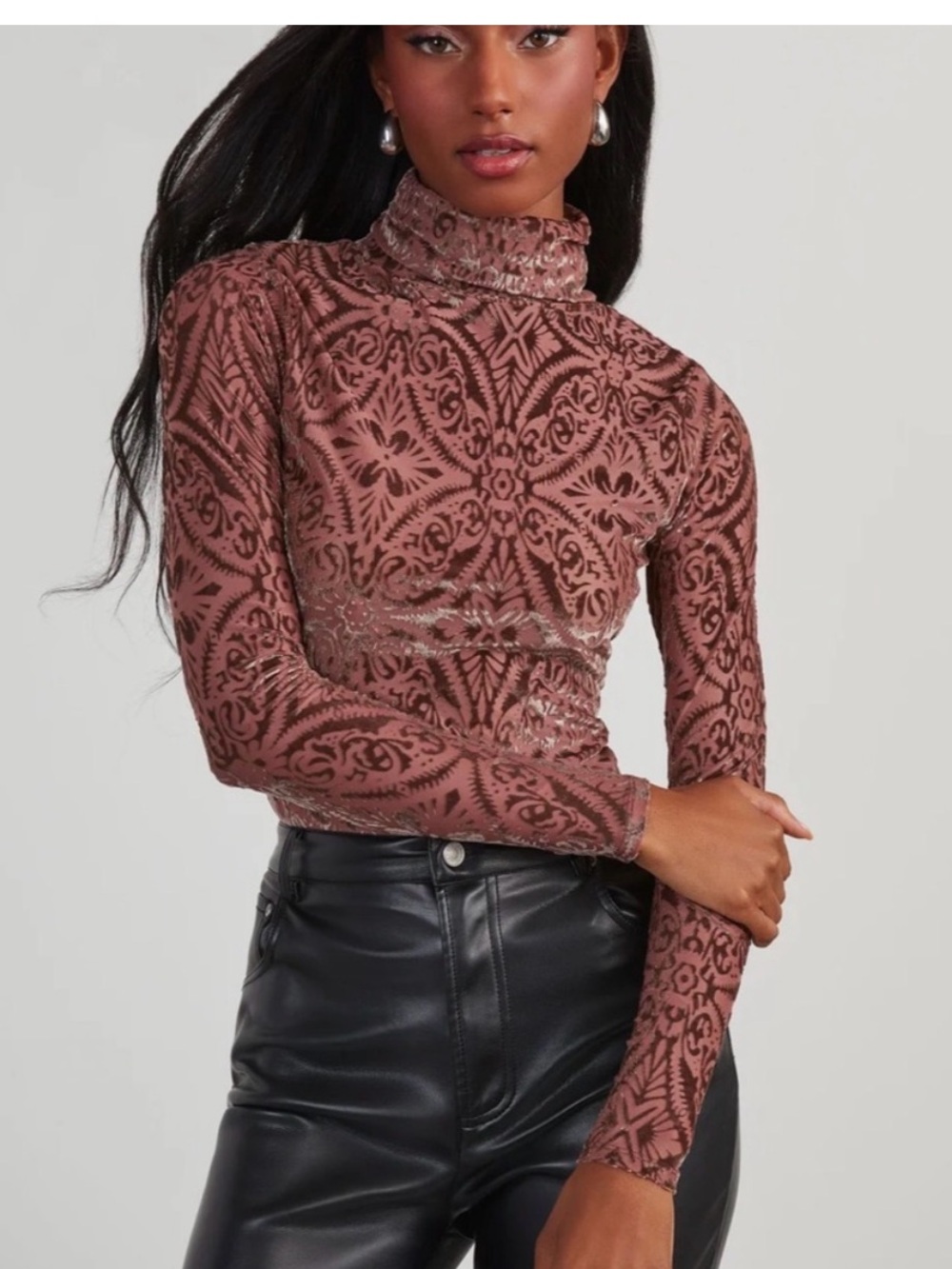 Vici Dusty Rose Velvet Burnout Mock Neck Long Sleeve Top